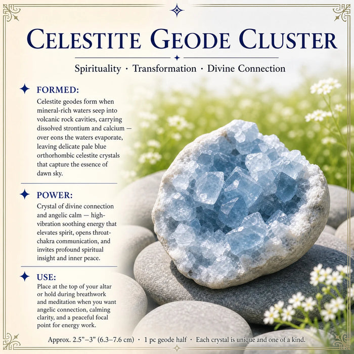 Open celestite geode filled with pale blue crystals