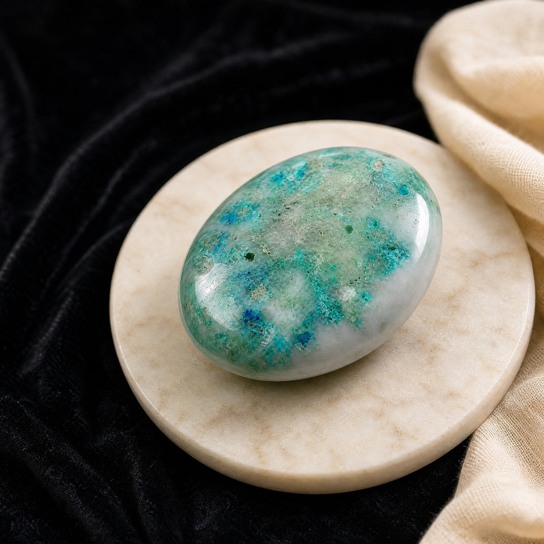 A polished oval chrysocolla palmstone in swirls of teal, sea blue and white, resting on a pale marble dish