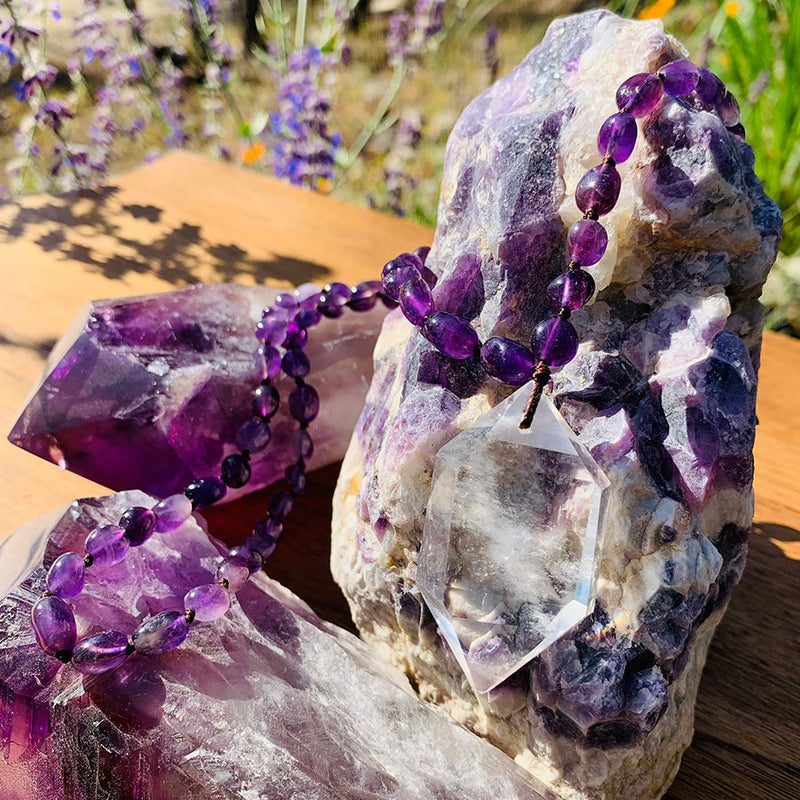Crystal Pendant with Gemstone Bead Necklace - Amethyst