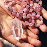 Crystal Pendant with Gemstone Bead Necklace - Rose Quartz