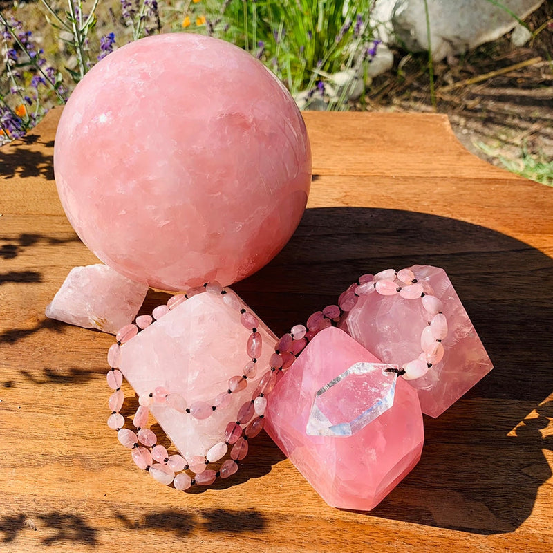 Crystal Pendant with Gemstone Bead Necklace - Rose Quartz