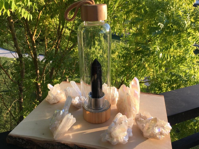 Crystal Wand Water Bottle + Protective Sleeve (Bamboo) - Obsidian