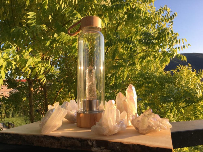 Crystal Wand Water Bottle + Protective Sleeve (Bamboo) - Smokey Quartz