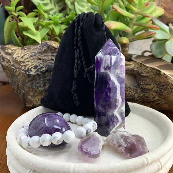 KOSTENLOSES GESCHENK! Amethyst-Kristall-Set (Ruhe) + Mala-Armband (nur Versandkosten zahlen)