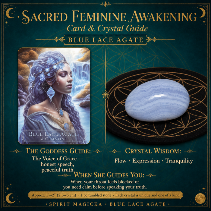 The Blue Lace Agate oracle card beside a banded pale blue tumbled stone