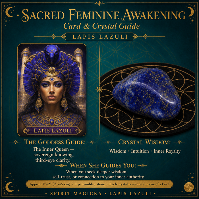 The Lapis Lazuli oracle card beside a deep blue tumbled lapis stone