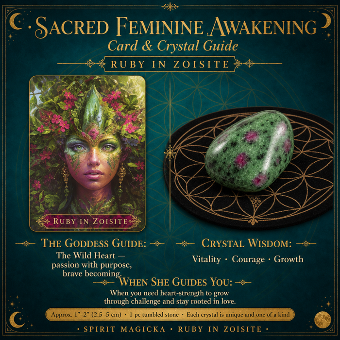 The Ruby in Zoisite oracle card beside a green and pink tumbled stone
