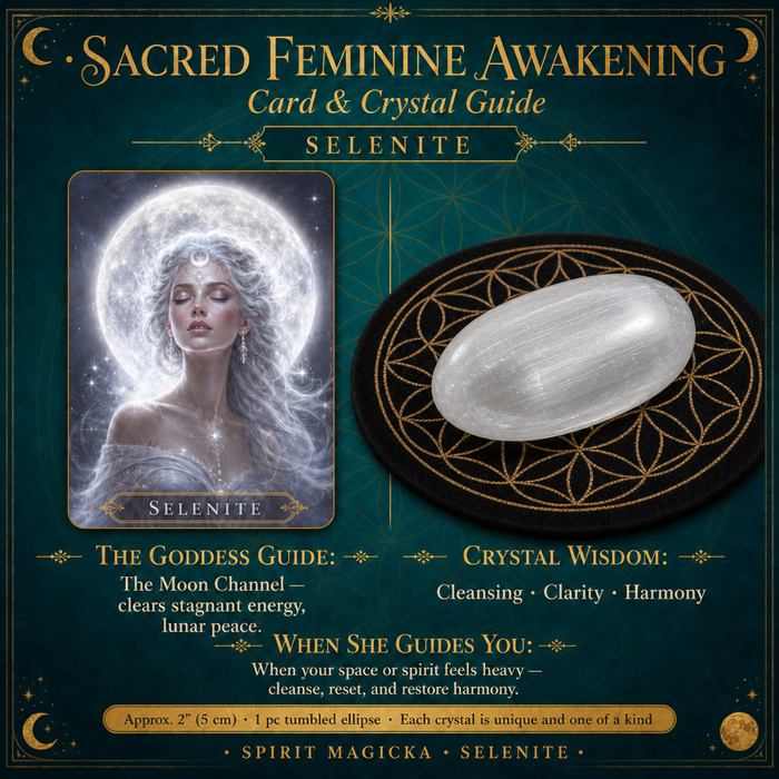 The Selenite oracle card beside a milky white selenite ellipse