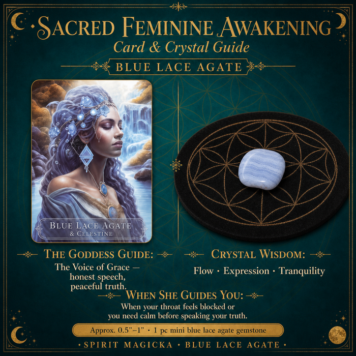 Blue Lace Agate goddess card beside a mini blue lace agate gemstone