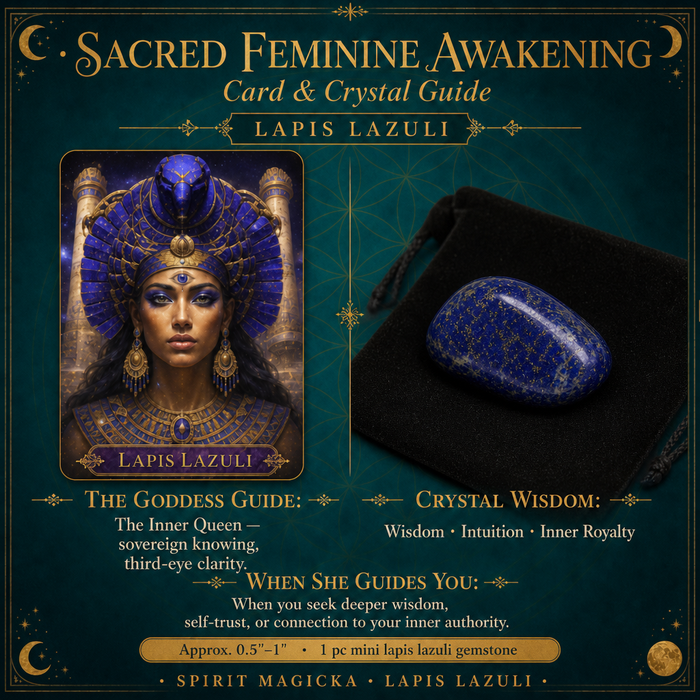 Lapis Lazuli goddess card beside a mini lapis lazuli gemstone