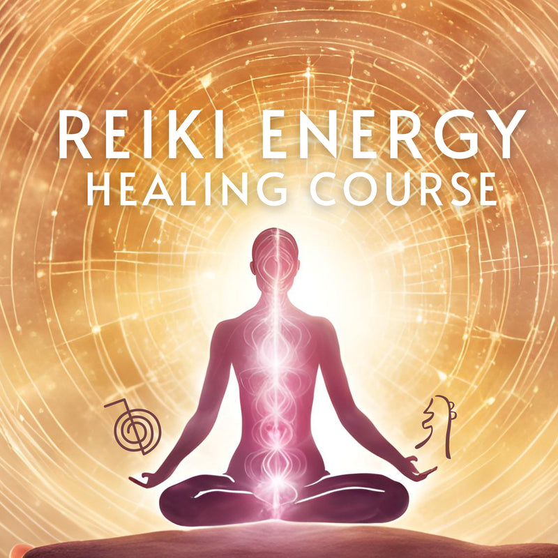 Reiki Energy Healing Course cover: a meditating figure glowing with chakra light