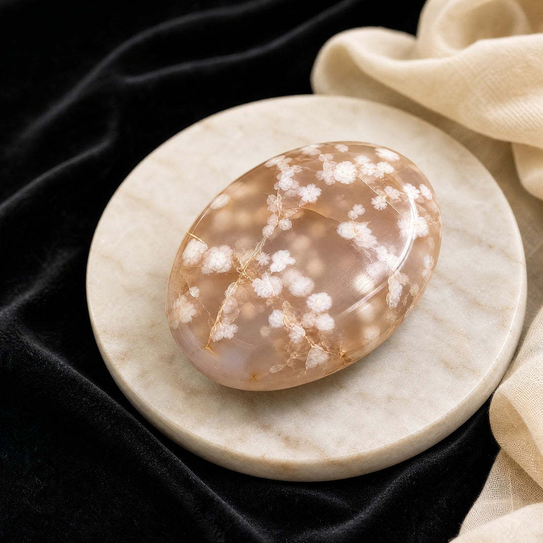 A polished oval cherry blossom agate palmstone, peach chalcedony scattered with white and pink flower-like plumes, on a cream stone dish