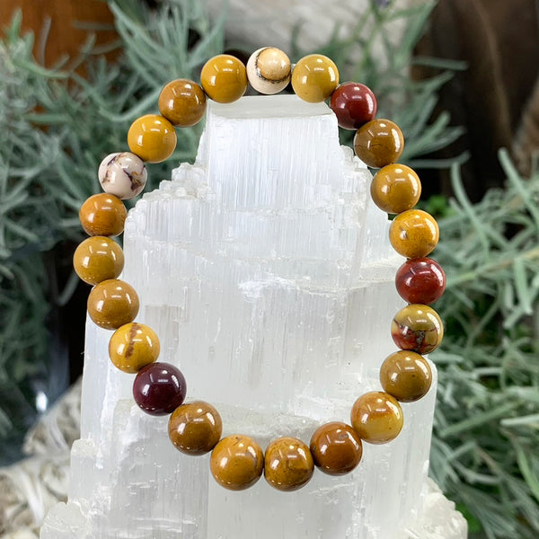 Pulsera Mala Golden Mookaite Jaspe Con Bolsa De Terciopelo