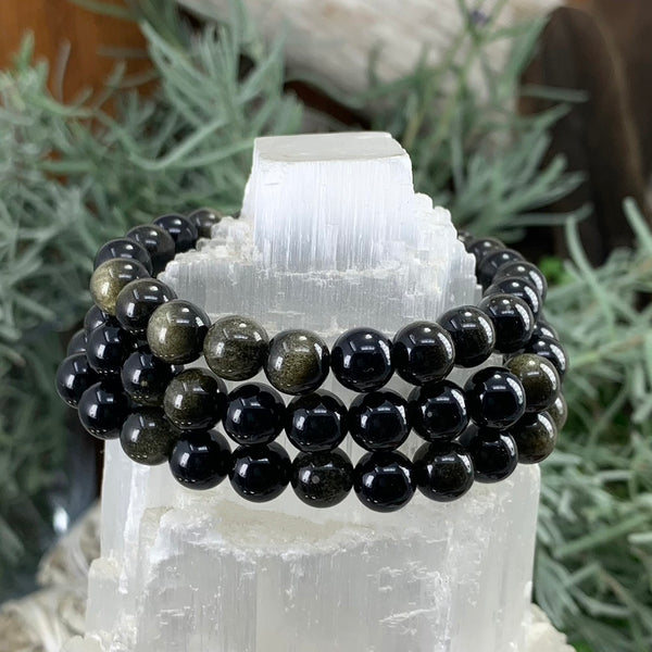 Pulsera Mala De Obsidiana Dorada Con Estuche