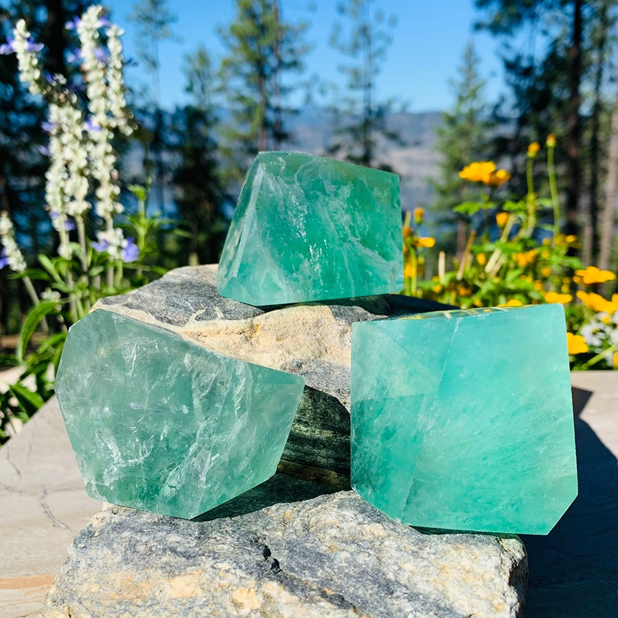 Three green fluorite chunks of different shapes and shades arranged on a rock outdoors