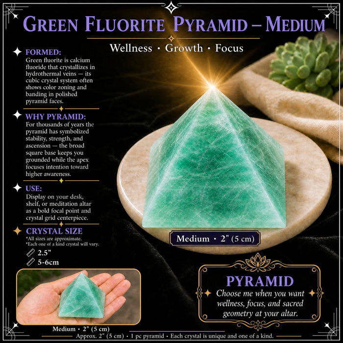 Medium green fluorite pyramid on a marble coaster, with an inset of it in a palm