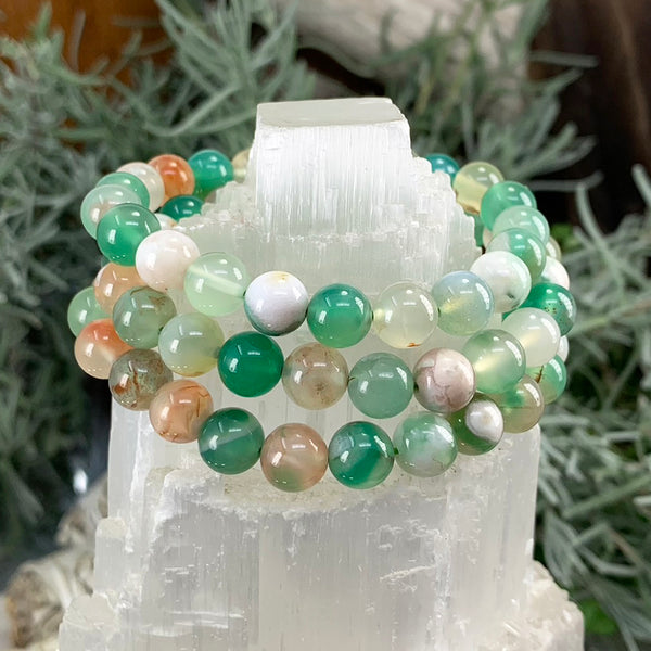 Pulsera Mala De Ágata Cereza Verde Con Bolsita De Terciopelo