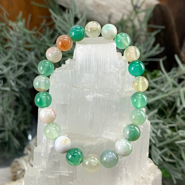 Pulsera Mala De Ágata Cereza Verde Con Bolsita De Terciopelo