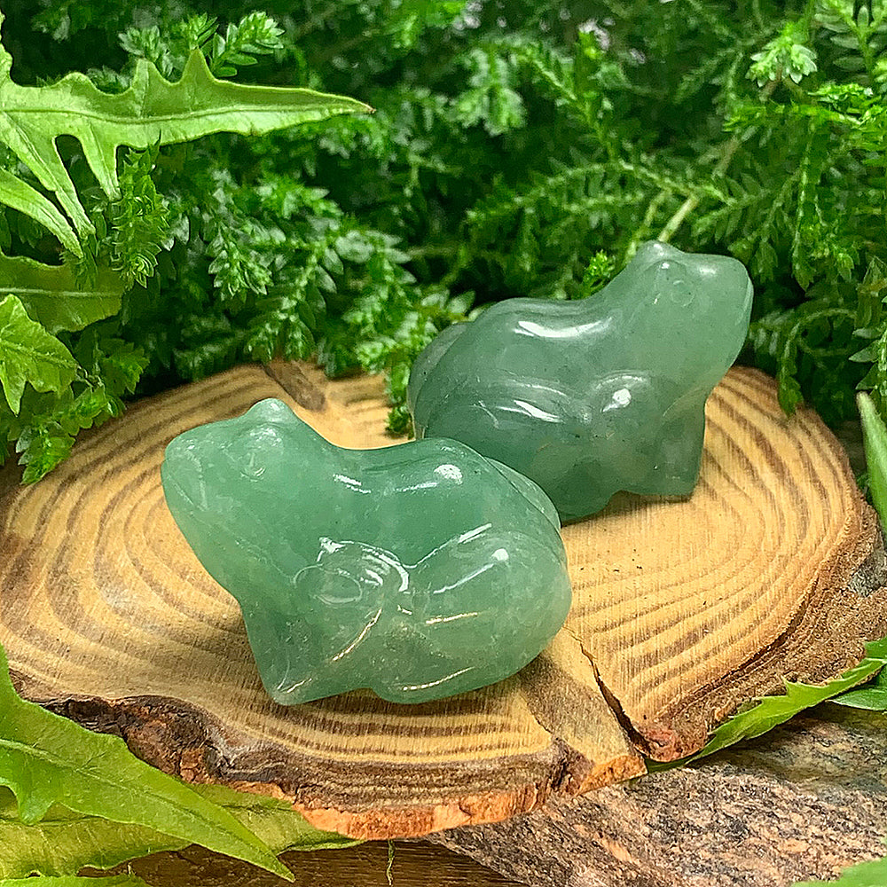 Two soft green chalcedony frog carvings sitting on a wood slice among ferns