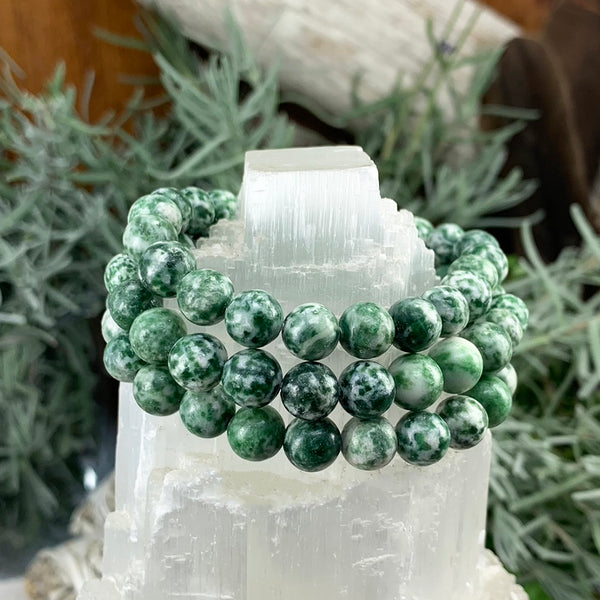 Bracelet Mala en Jaspe Tache Verte Avec Pochette En Velours