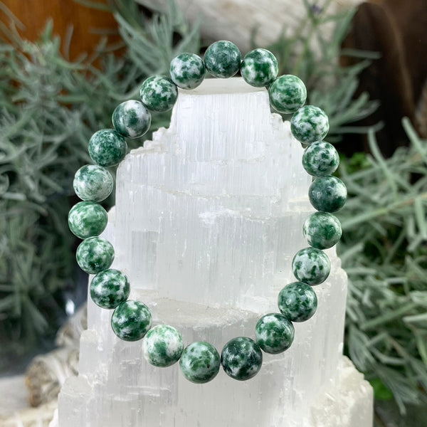 Pulsera Mala De Jaspe Con Manchas Verdes Y Estuche De Terciopelo