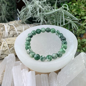 Pulsera Mala De Jaspe Con Manchas Verdes Y Estuche De Terciopelo