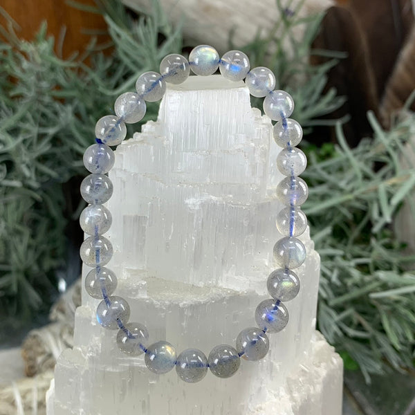 Pulsera Mala De Piedra Luna Gris Con Bolsita De Terciopelo