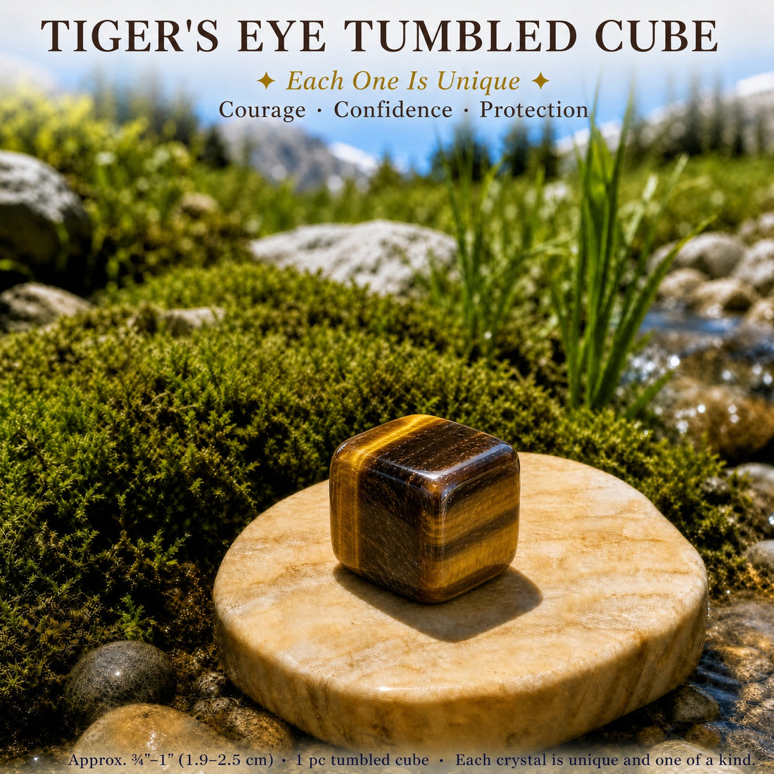 A polished tiger’s eye tumbled cube with golden-brown bands on a stone dish by a sunlit stream