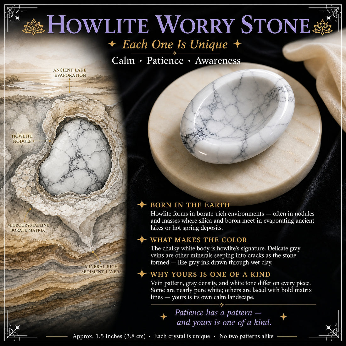Illustration of a white howlite nodule forming in layered sedimentary rock, beside the polished howlite worry stone
