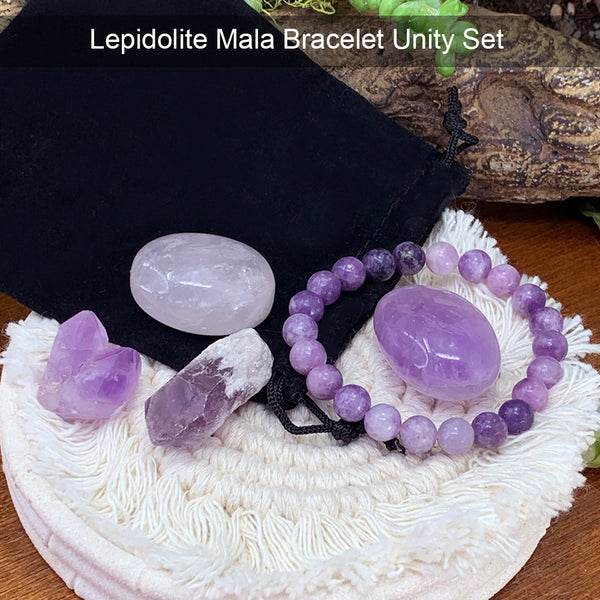 Lepidolite Mala Bracelet Unity Pouch Set