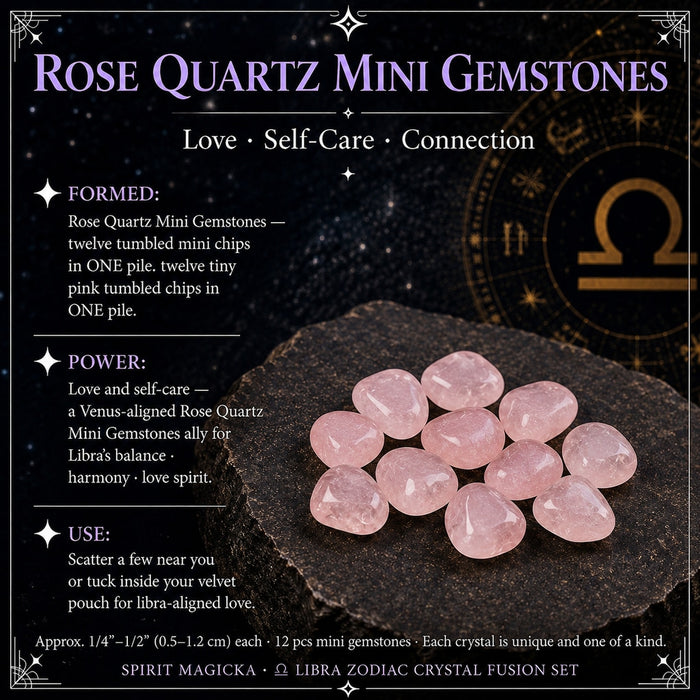 Twelve small tumbled rose quartz stones in one pile on a dark stone