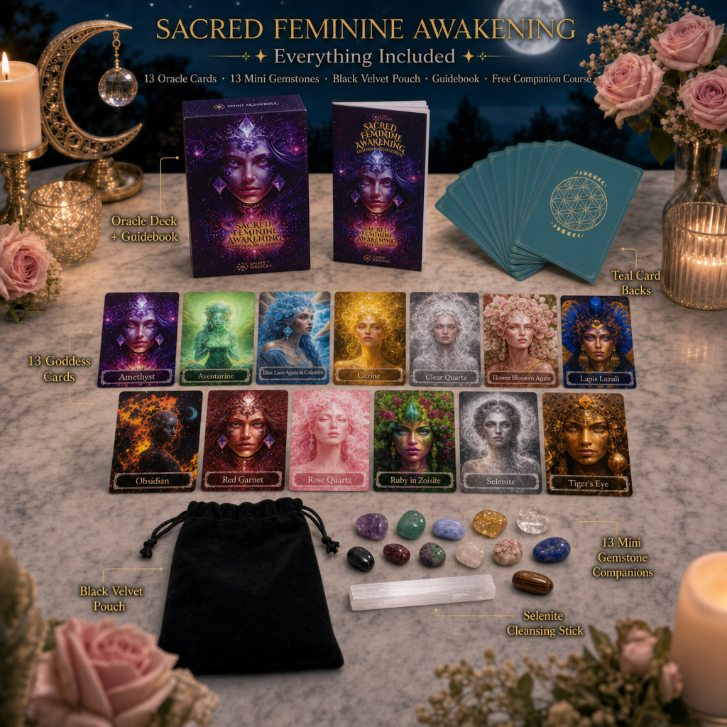The full Sacred Feminine Awakening set laid out: oracle deck tuck box, guidebook, thirteen goddess cards, mini gemstones, selenite stick and black velvet pouch