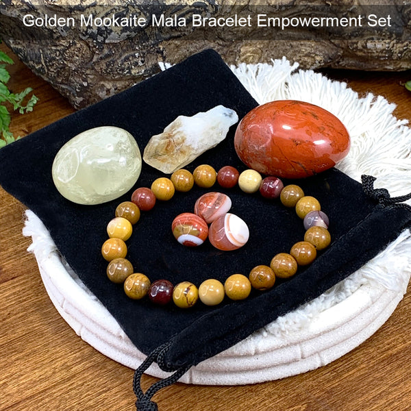 Conjunto de bolsa de empoderamiento de pulsera Mookaite Mala dorada