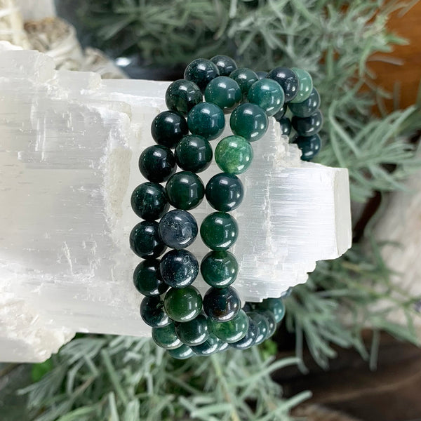 Pulsera Mala De Ágata Musgosa Con Bolsa De Terciopelo