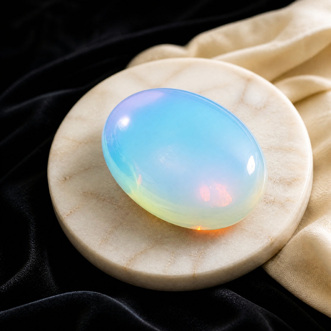 A polished opalite palmstone glowing blue-white with a warm amber flash, resting on a stone dish