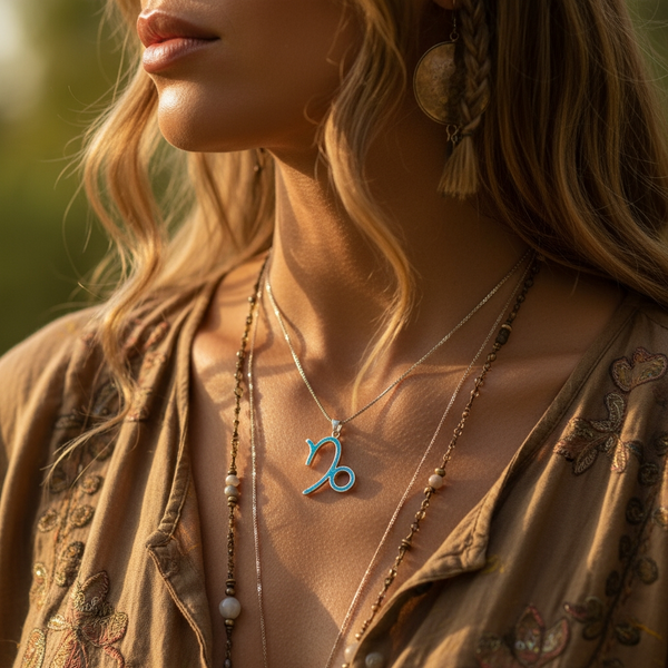 The Capricorn opal pendant worn at the collarbone in warm golden light