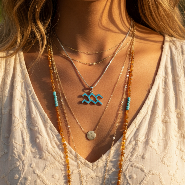 The Aquarius opal pendant worn on its fine silver chain over a white embroidered top, styled with layered amber and turquoise bead strands