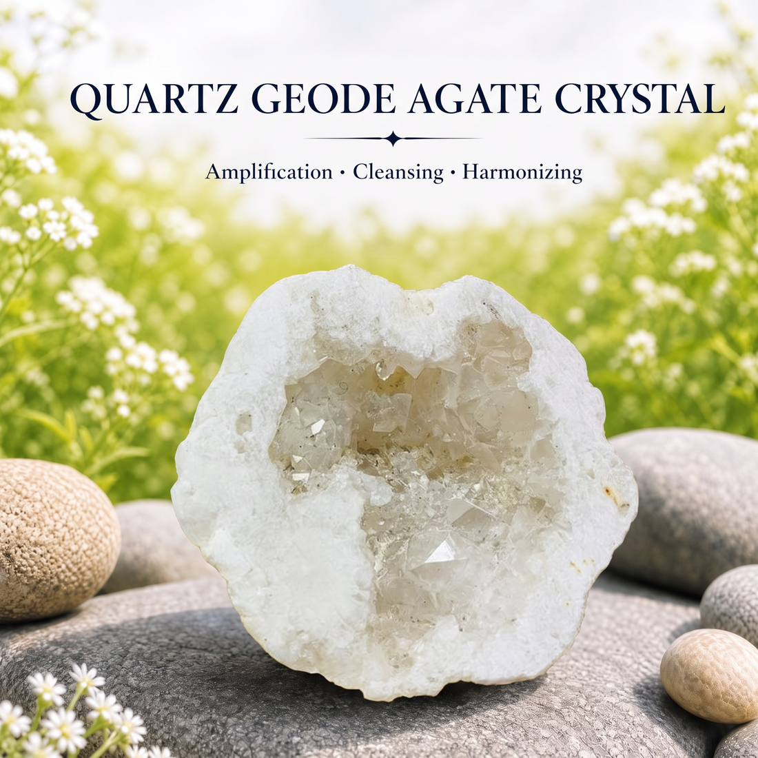 An open quartz geode half with a sparkling white crystal hollow, resting on river stones among white flowers