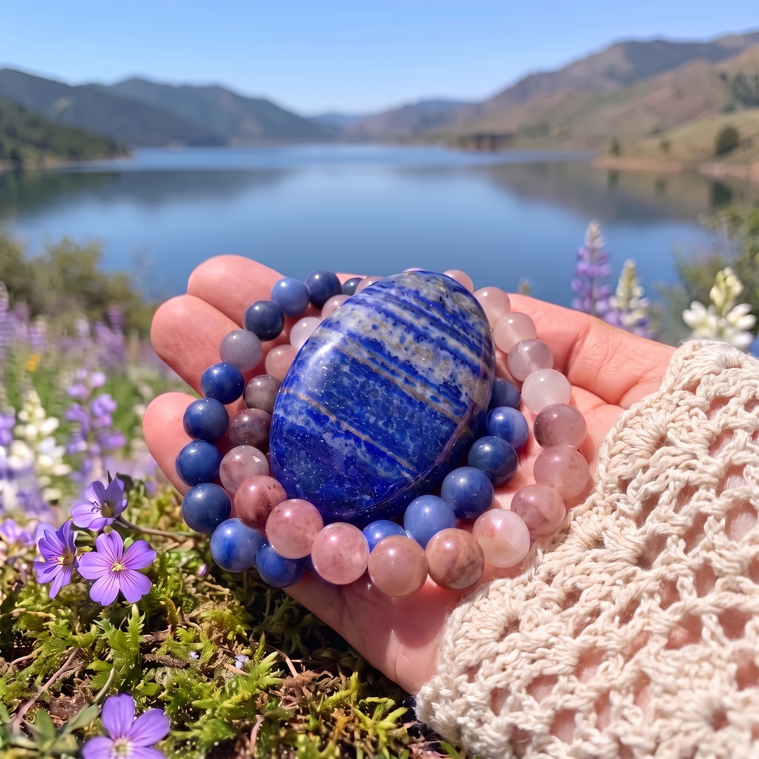 An open hand holding the lapis lazuli palmstone circled by the blue and purple aventurine malas, with a lake behind