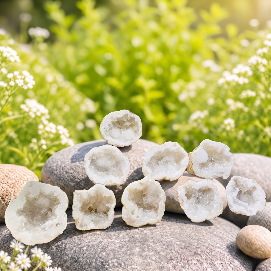 Ten open quartz geode halves arranged on grey river stones, each with a different crystal hollow