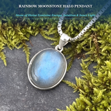 Rainbow Moonstone Halo Pendant in Silver