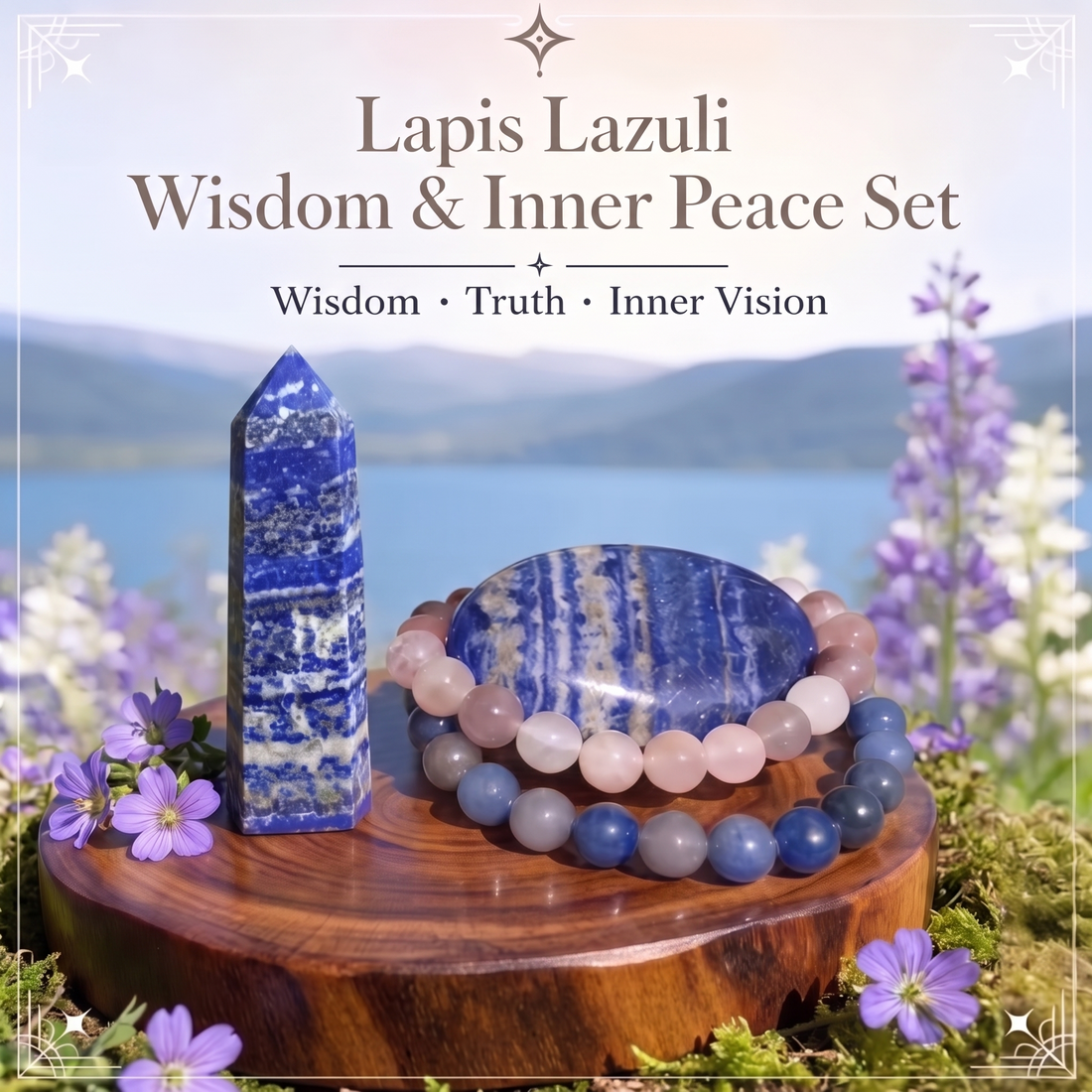 The four-piece set on a wooden round beside a lake: lapis lazuli point, lapis lazuli palmstone and blue and purple aventurine mala bracelets