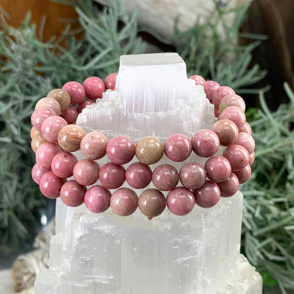 Bracciale Mala in rodonite rosa con custodia in velluto