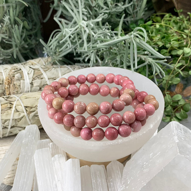 Pulsera Mala De Rodonita Rosa Con Bolsa De Terciopelo