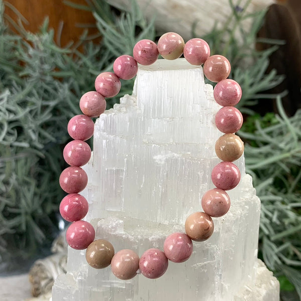 Pulsera Mala De Rodonita Rosa Con Bolsa De Terciopelo