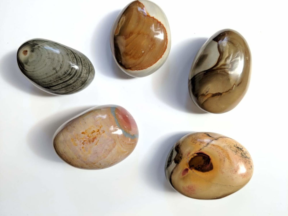 Five polychromatic jasper palmstones in grey, gold, brown and peach, each with a different banded pattern