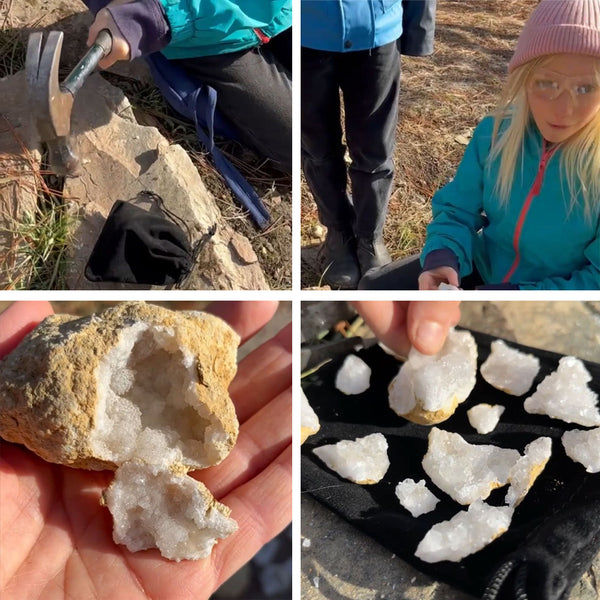 Natürliche (ungebrochene) Quarzgeode + Samt (Smashing Bag)