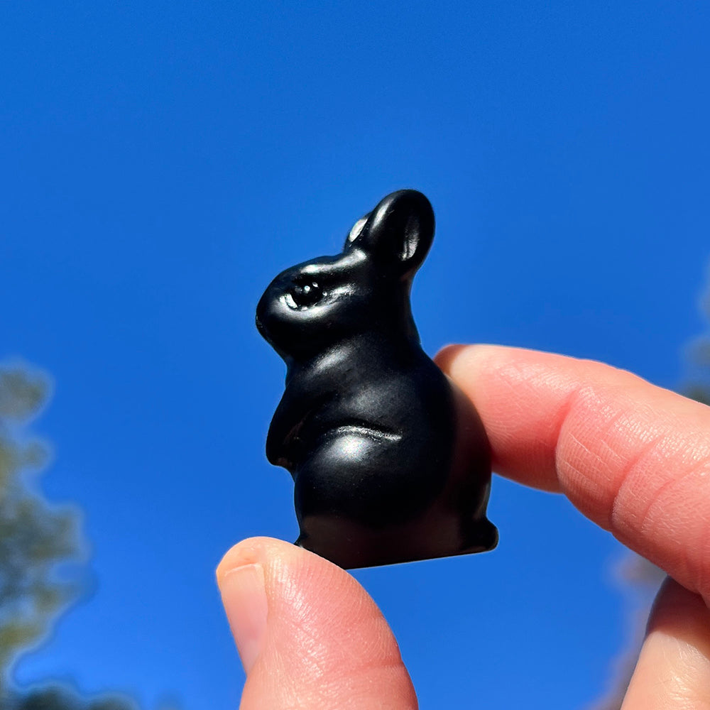 A small carved black agate rabbit held between a thumb and fingertip against a blue sky