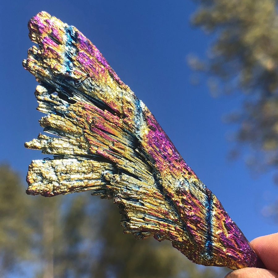 Rainbow kyanite fan held up against a blue sky, its blades flashing magenta, gold and blue