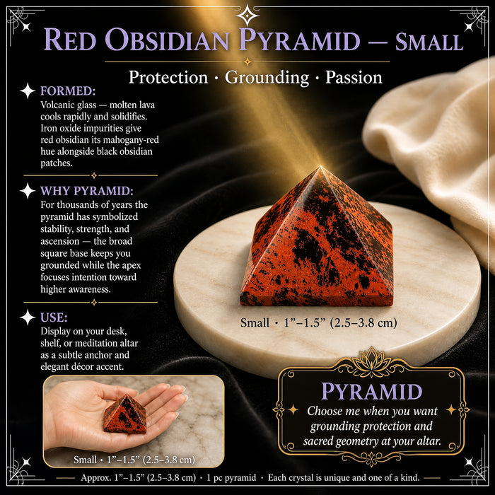 Small red obsidian pyramid on a marble dish, with an inset of it resting in an open hand
